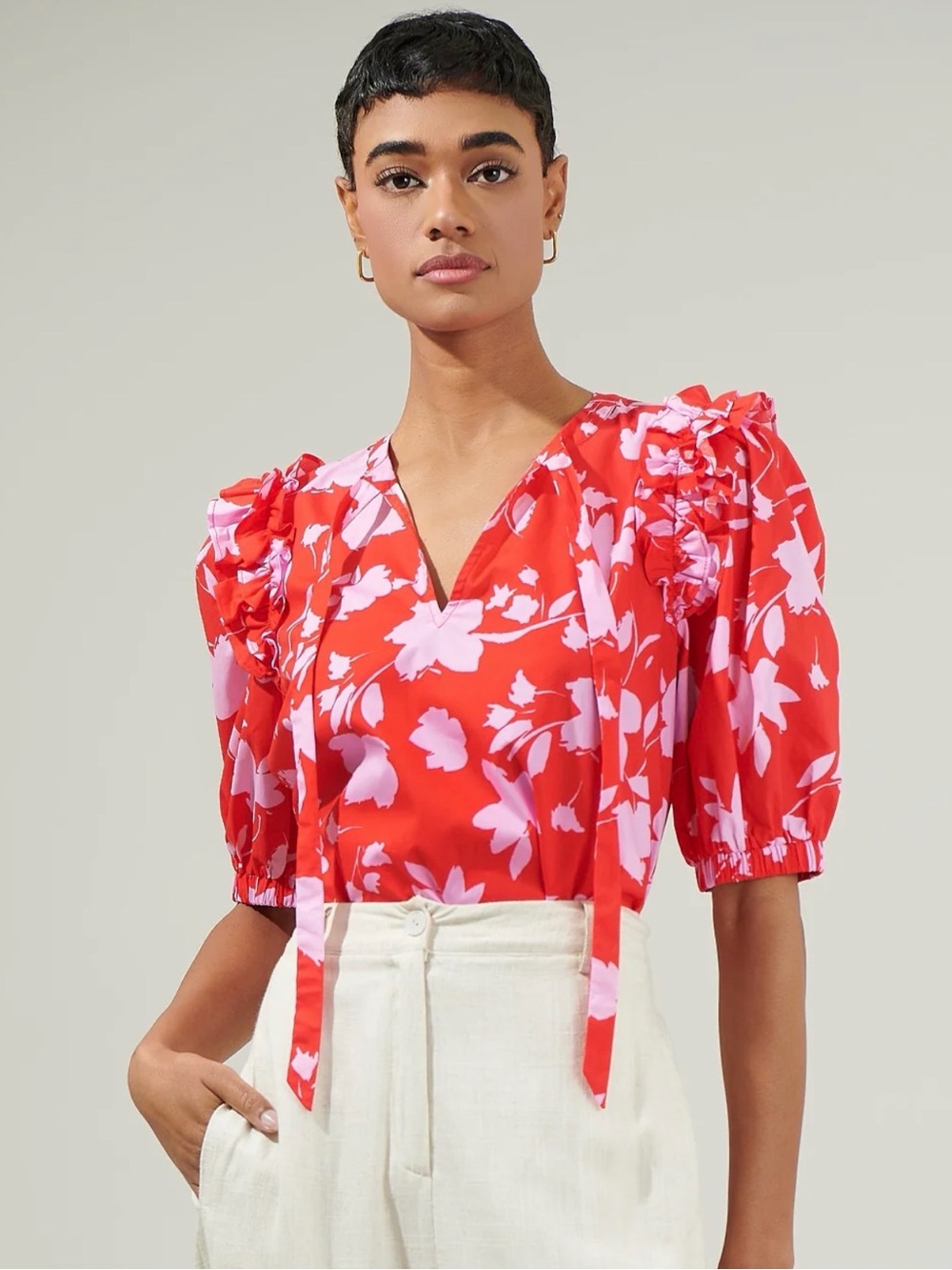 Sugarlips Red and Pink Floral V-Neck Puff Sleeve Top